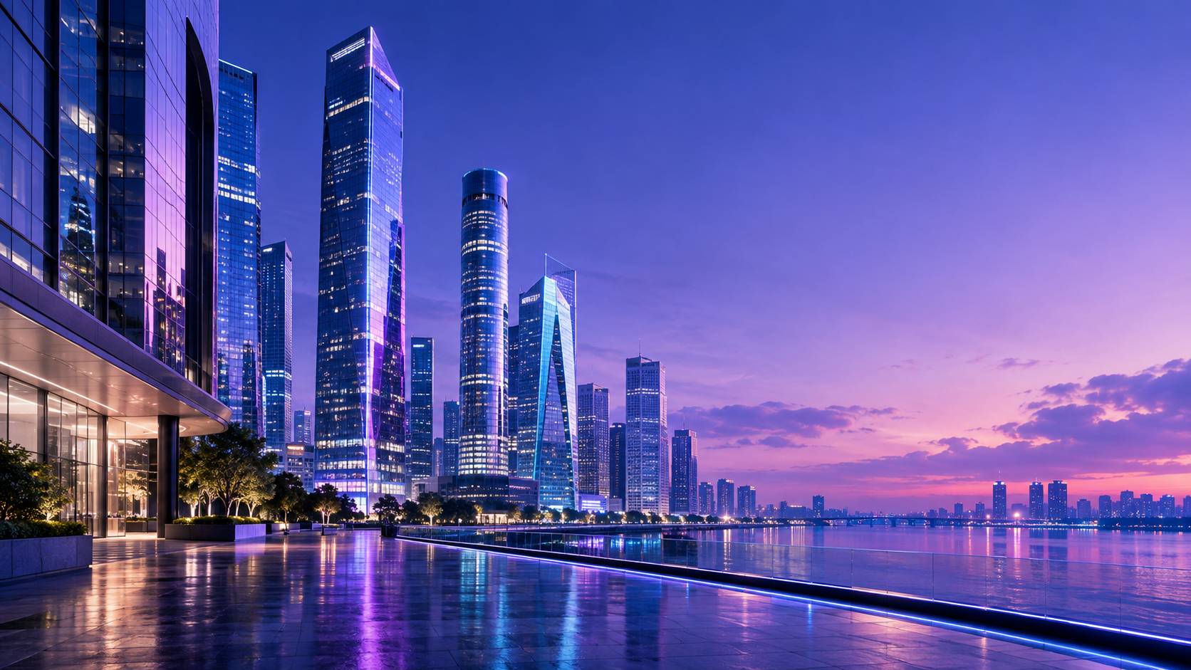 Financial district street with tall skyscrapers at dusk