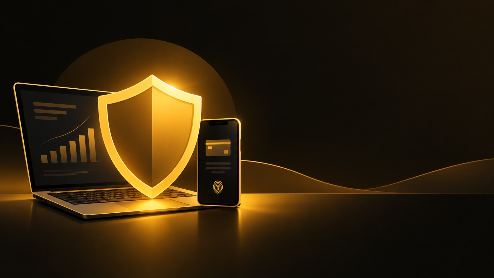 Large glowing shield over a laptop and phone