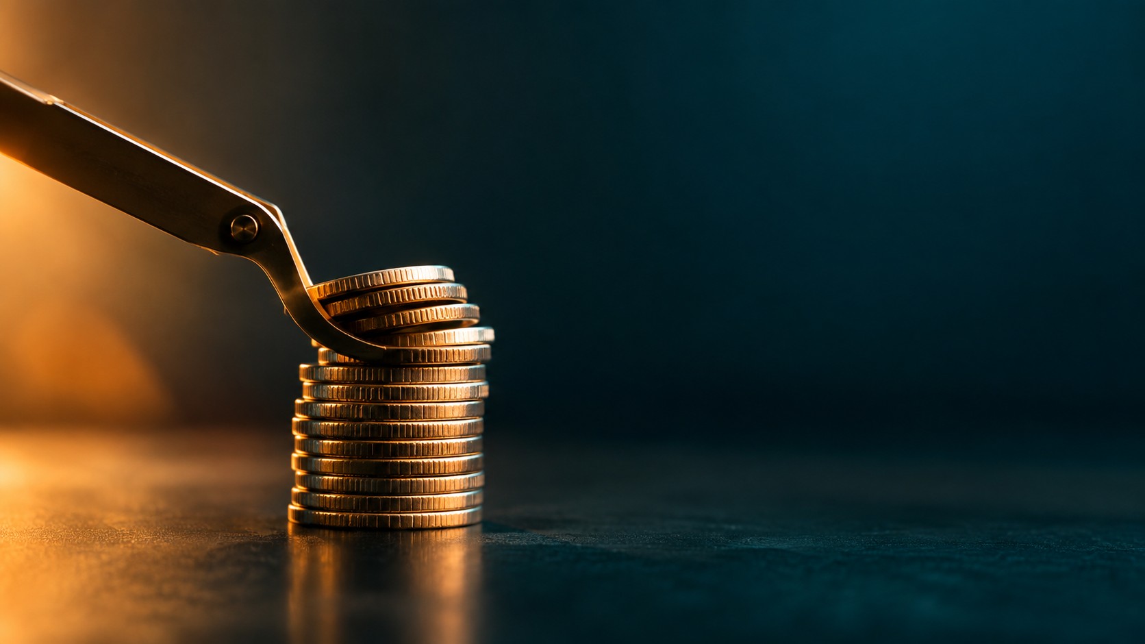 Precision lever lifting a stack of coins clean minimal composition