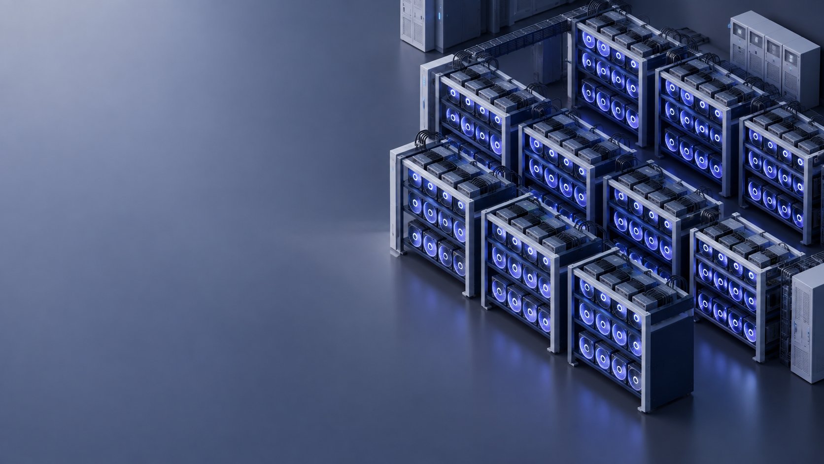 Rows of mining rigs with glowing fans in a dark data center