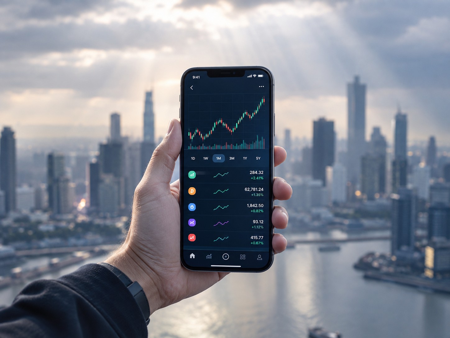 Hand holding a phone with a stock trading app and a city in the background