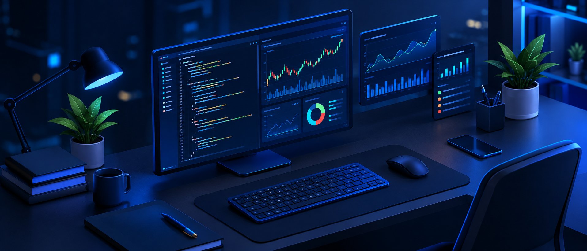 Code on a screen next to live charts in a developer workspace
